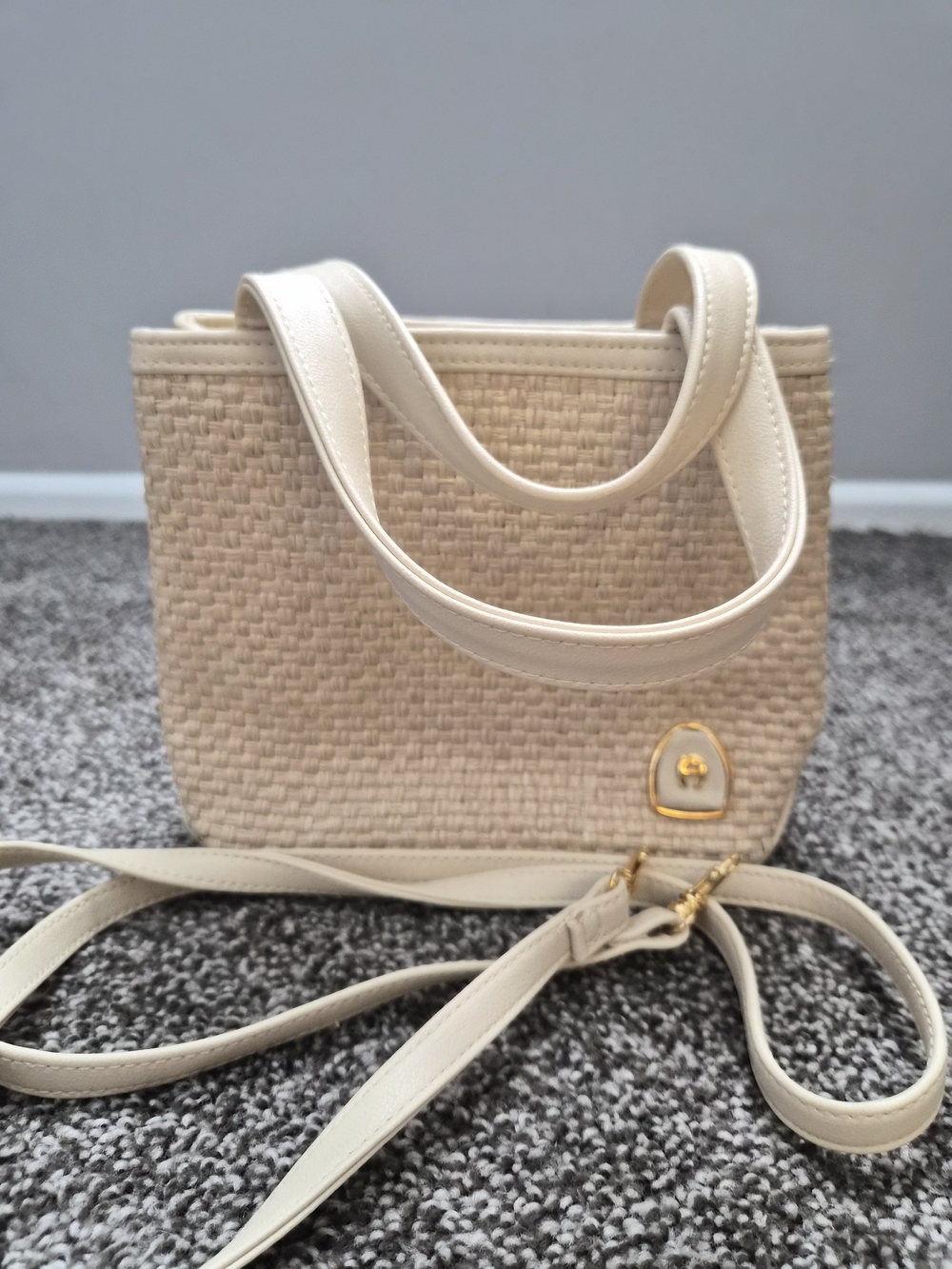 Etienne Aigner Cream Woven Tote Bag with Gold Accent